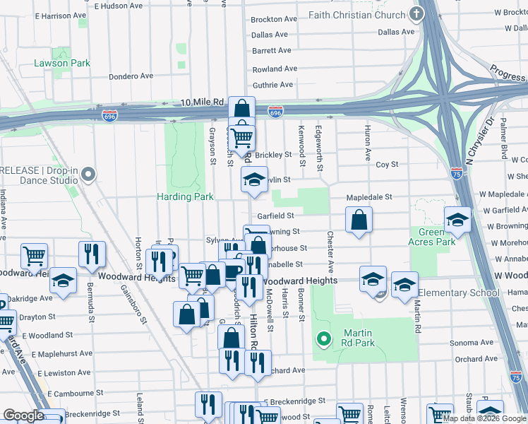 map of restaurants, bars, coffee shops, grocery stores, and more near 1596 Garfield Street in Ferndale