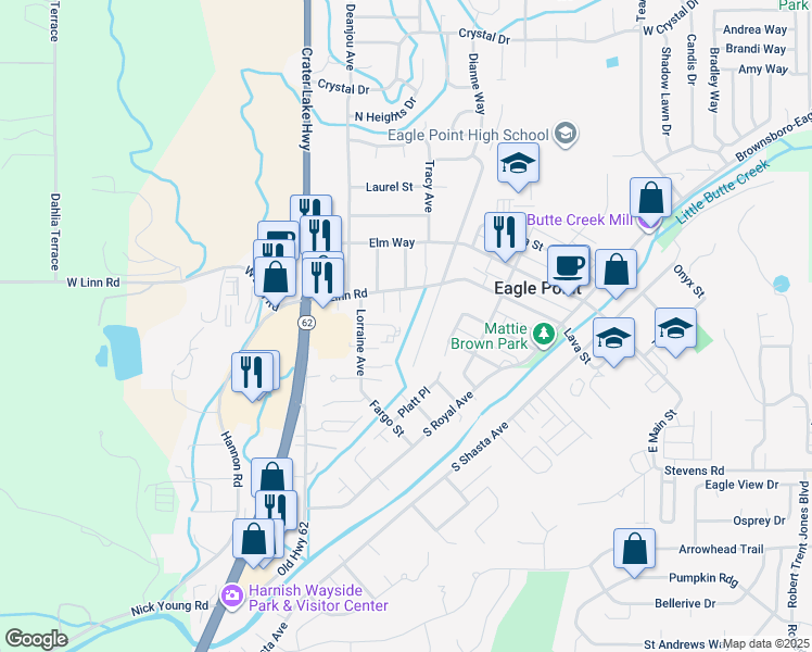 map of restaurants, bars, coffee shops, grocery stores, and more near 583 Van Wey Circle in Eagle Point