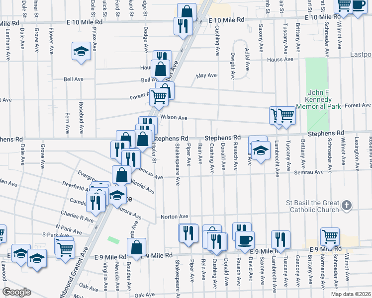 map of restaurants, bars, coffee shops, grocery stores, and more near 23823 Piper Avenue in Eastpointe