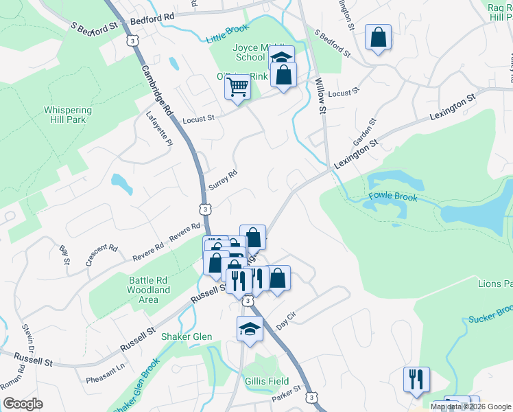 map of restaurants, bars, coffee shops, grocery stores, and more near 171 Lexington Street in Woburn