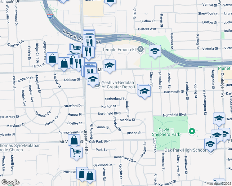 map of restaurants, bars, coffee shops, grocery stores, and more near 15131 Sutherland Street in Oak Park
