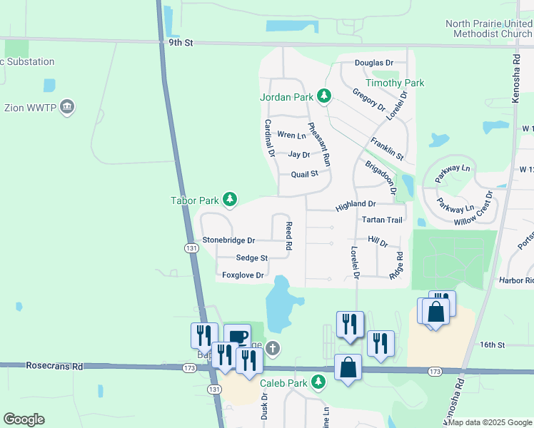 map of restaurants, bars, coffee shops, grocery stores, and more near 3813 Tickseed Drive in Zion