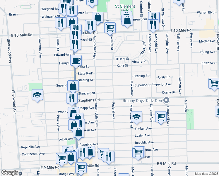 map of restaurants, bars, coffee shops, grocery stores, and more near 8296 Standard Street in Center Line