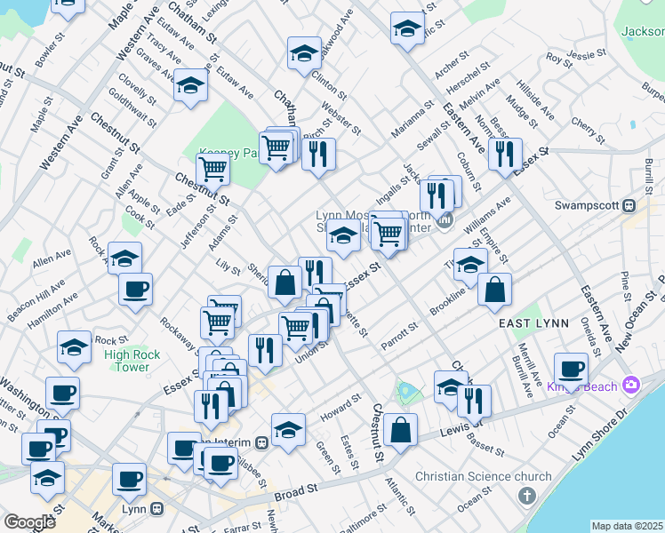 map of restaurants, bars, coffee shops, grocery stores, and more near 1 Collins Street Terrace in Lynn