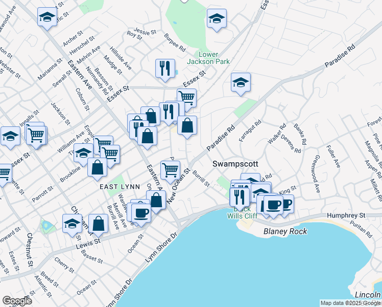 map of restaurants, bars, coffee shops, grocery stores, and more near 135 Burrill Street in Swampscott