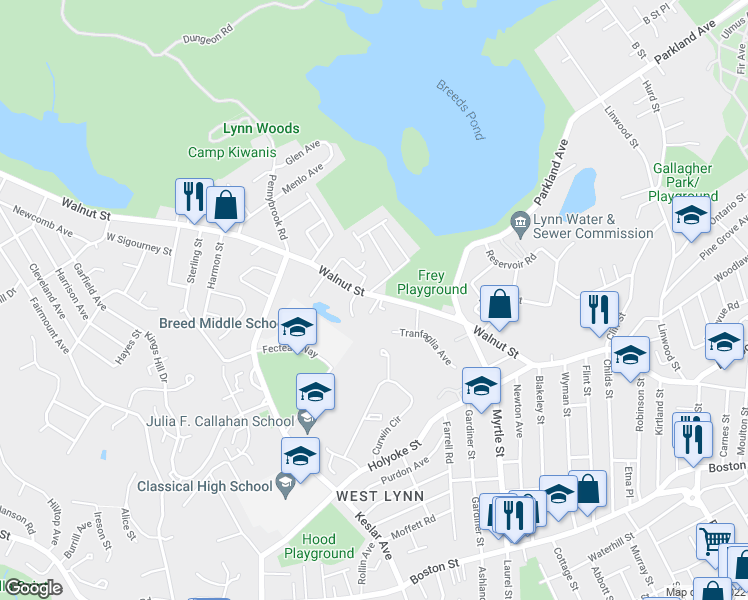 map of restaurants, bars, coffee shops, grocery stores, and more near 386 Walnut Street in Lynn