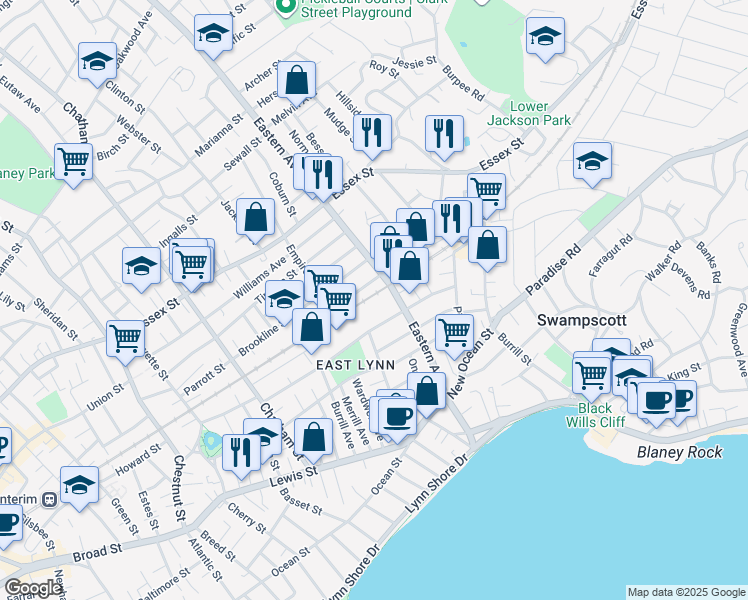 map of restaurants, bars, coffee shops, grocery stores, and more near 130 Eastern Avenue in Lynn