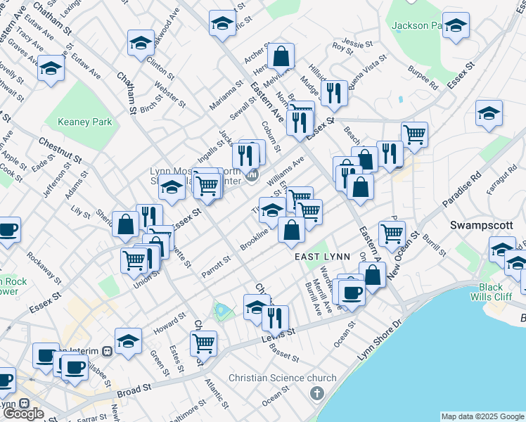 map of restaurants, bars, coffee shops, grocery stores, and more near 91 Brookline Street in Lynn