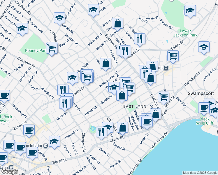 map of restaurants, bars, coffee shops, grocery stores, and more near 91 Brookline Street in Lynn