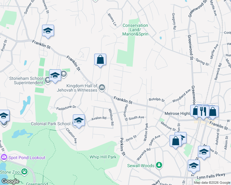 map of restaurants, bars, coffee shops, grocery stores, and more near 1176 Franklin Street in Stoneham