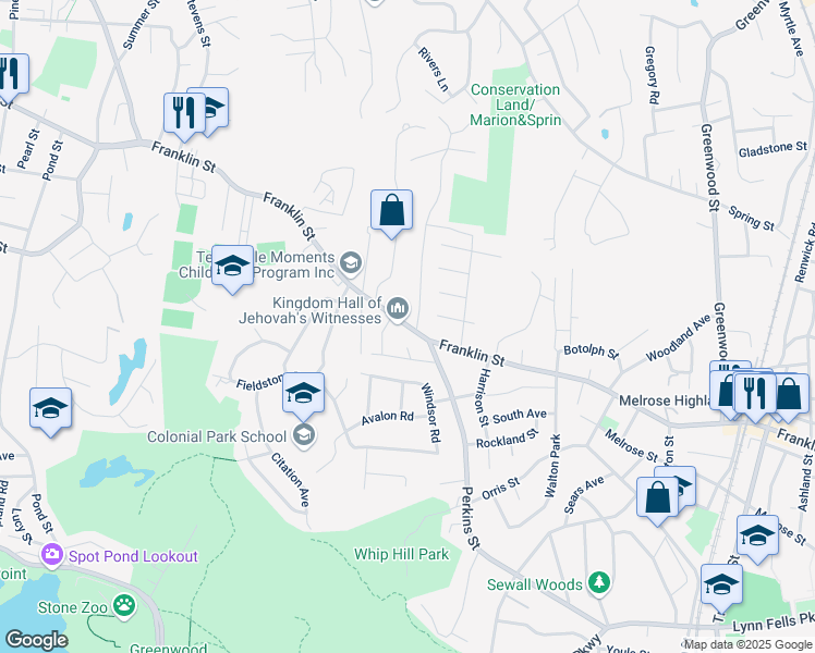 map of restaurants, bars, coffee shops, grocery stores, and more near 2 Kevin Avenue in Stoneham