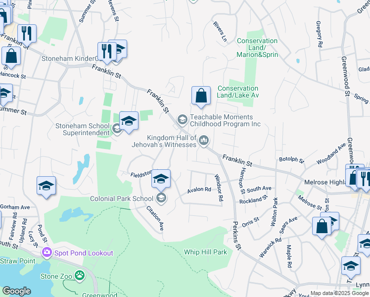 map of restaurants, bars, coffee shops, grocery stores, and more near 15 Pinewood Road in Stoneham