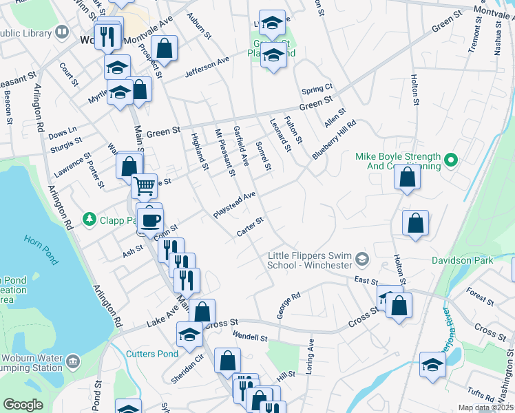 map of restaurants, bars, coffee shops, grocery stores, and more near 2 Carter Street in Woburn