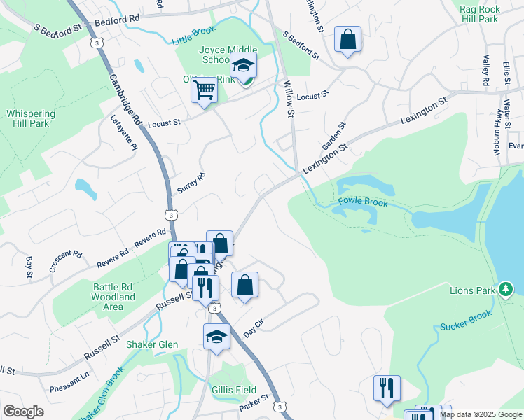 map of restaurants, bars, coffee shops, grocery stores, and more near 140 Lexington Street in Woburn