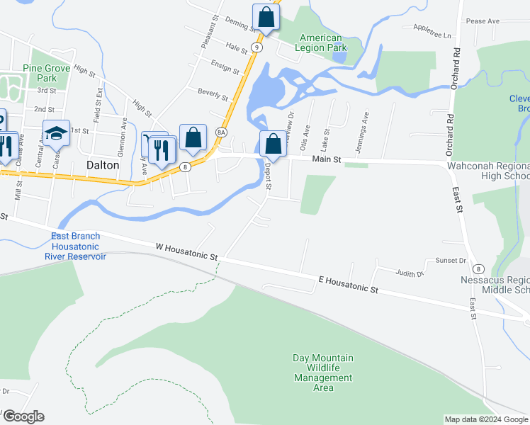 map of restaurants, bars, coffee shops, grocery stores, and more near 2-98 Johnson Place in Dalton