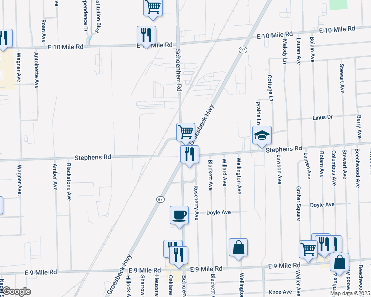 map of restaurants, bars, coffee shops, grocery stores, and more near 23990 Groesbeck Highway in Warren