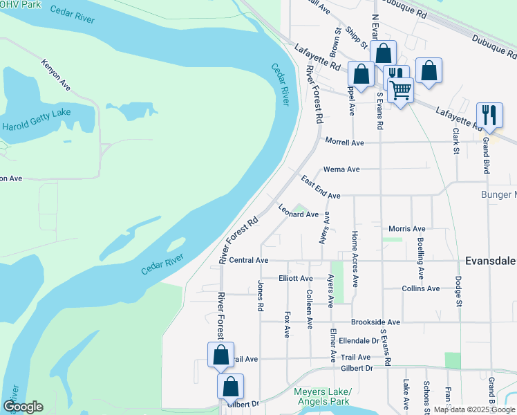 map of restaurants, bars, coffee shops, grocery stores, and more near 531 River Forest Rd in Evansdale
