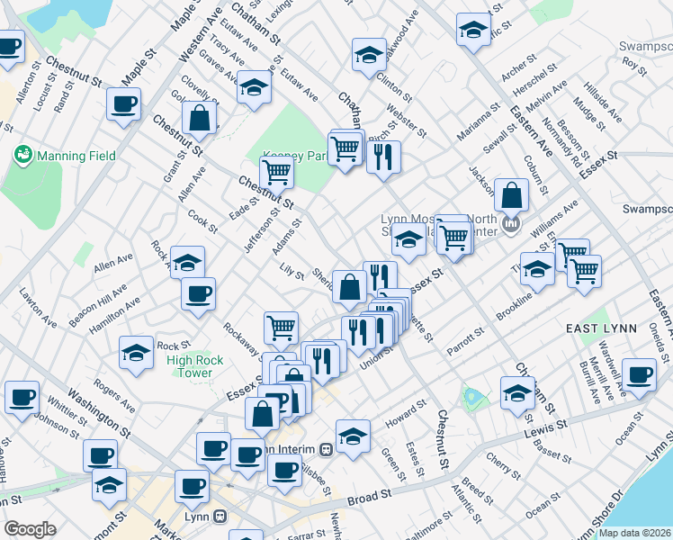 map of restaurants, bars, coffee shops, grocery stores, and more near 22 Ashton Terrace in Lynn