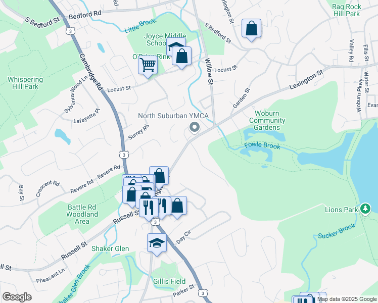 map of restaurants, bars, coffee shops, grocery stores, and more near 140 Lexington Street in Woburn