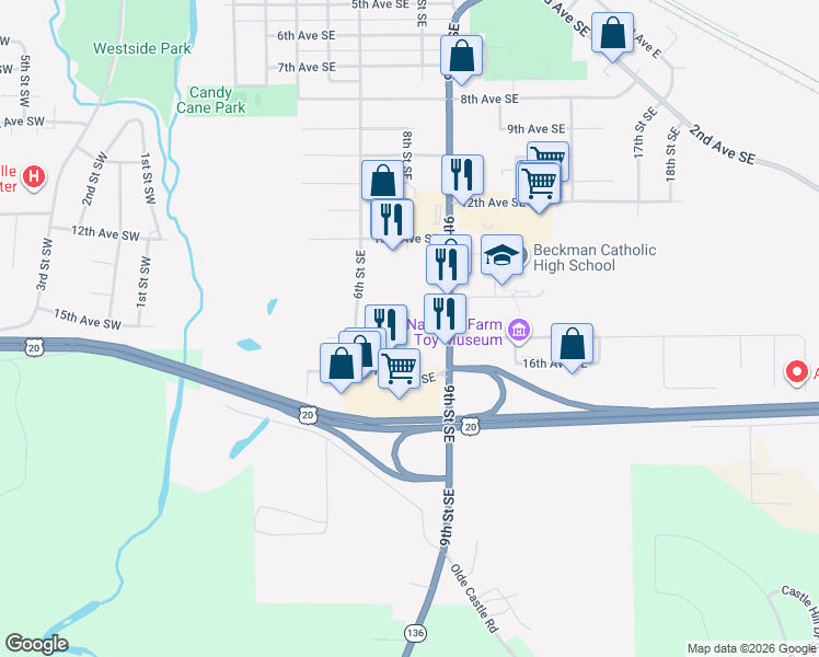 map of restaurants, bars, coffee shops, grocery stores, and more near 721 15th Avenue Southeast in Dyersville