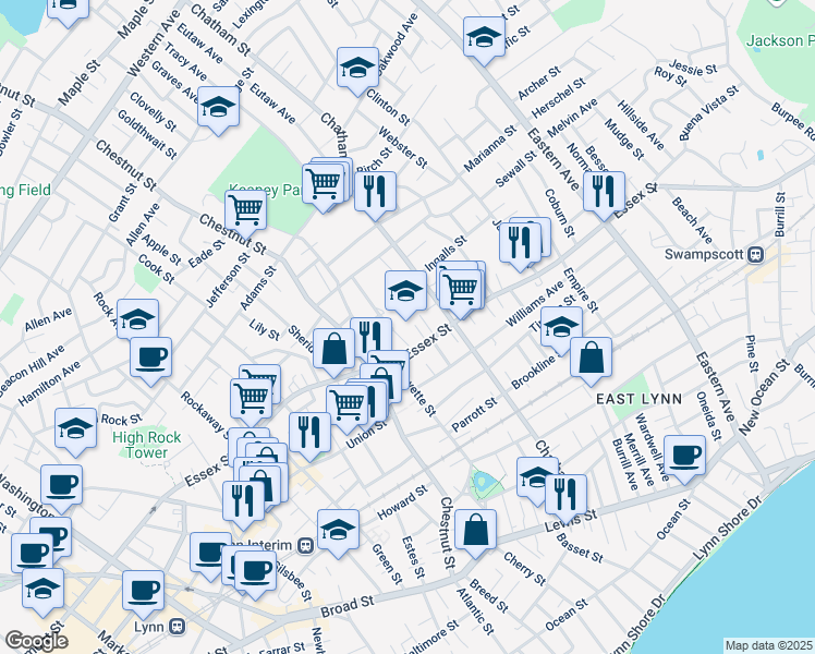 map of restaurants, bars, coffee shops, grocery stores, and more near 1 Collins Street Terrace in Lynn