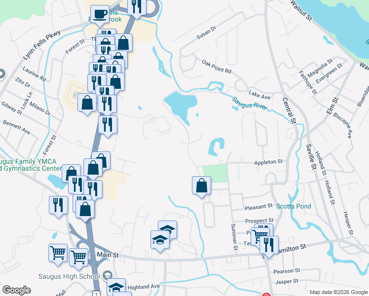 map of restaurants, bars, coffee shops, grocery stores, and more near 20 Cliff Road in Saugus