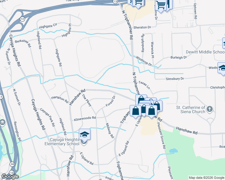 map of restaurants, bars, coffee shops, grocery stores, and more near 790 Hanshaw Road in Ithaca