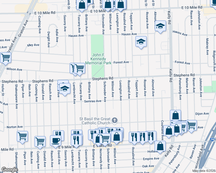 map of restaurants, bars, coffee shops, grocery stores, and more near 23754 Schroeder Avenue in Eastpointe