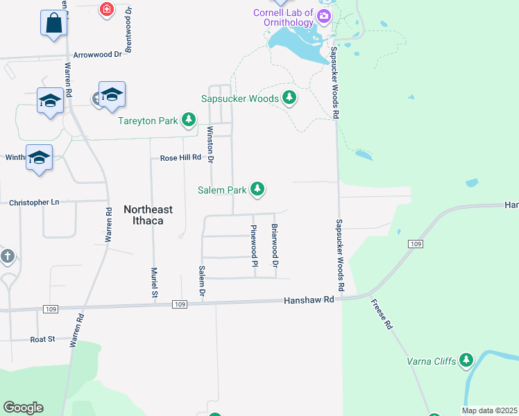 map of restaurants, bars, coffee shops, grocery stores, and more near 115 Pinewood Place in Ithaca