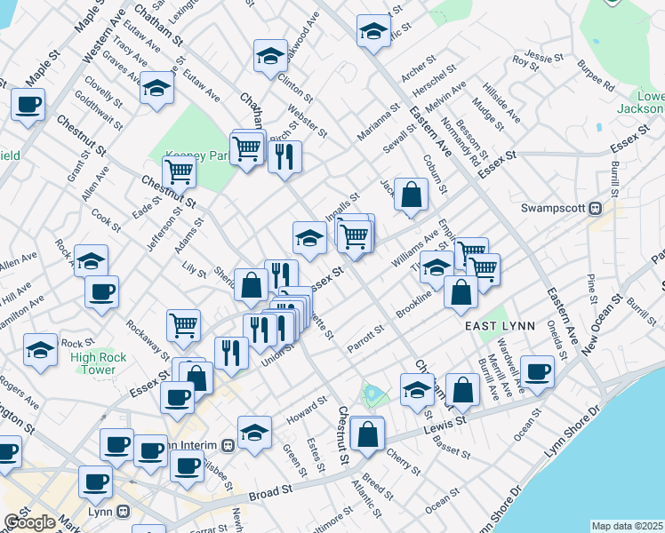 map of restaurants, bars, coffee shops, grocery stores, and more near 12 Essex Avenue in Lynn