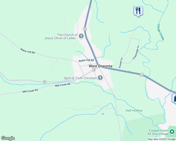 map of restaurants, bars, coffee shops, grocery stores, and more near 2837 County Road 8 in Oneonta