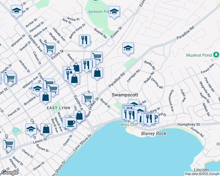 map of restaurants, bars, coffee shops, grocery stores, and more near 17 Elmwood Road in Swampscott