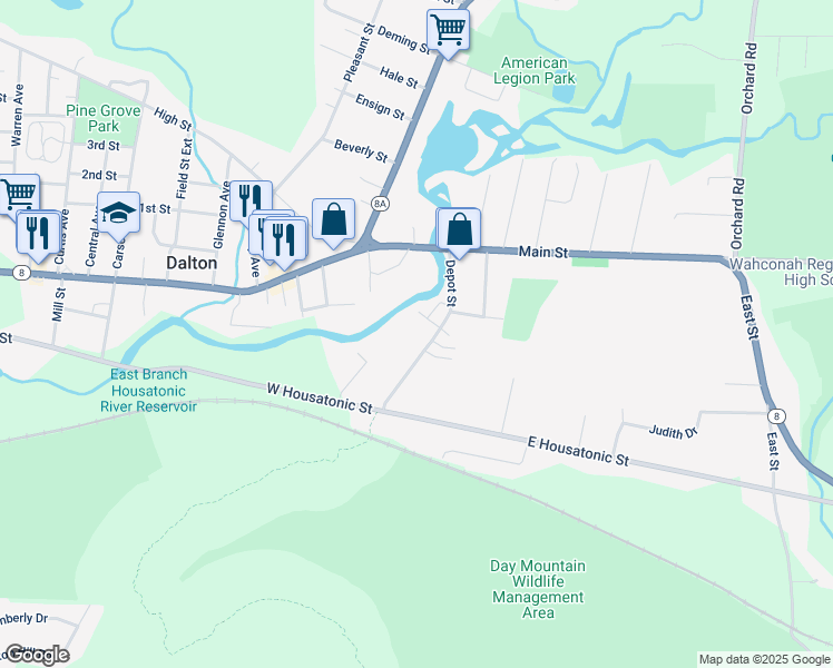 map of restaurants, bars, coffee shops, grocery stores, and more near 127 Depot Street in Dalton