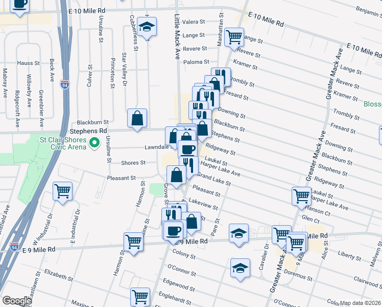 map of restaurants, bars, coffee shops, grocery stores, and more near 23975 Harper Avenue in Saint Clair Shores