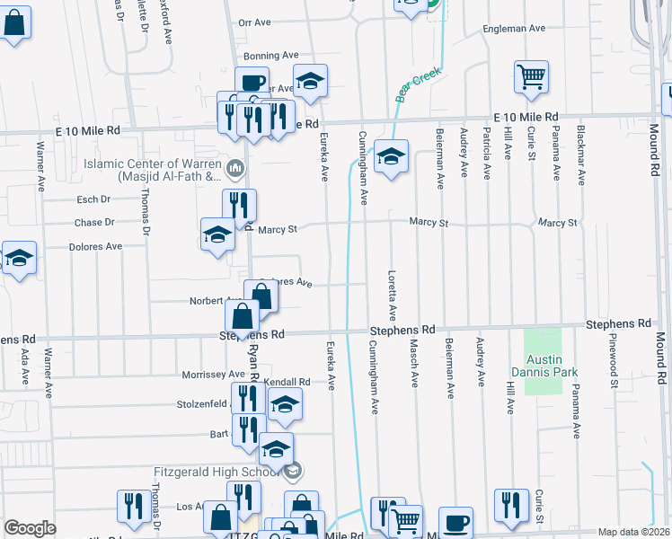 map of restaurants, bars, coffee shops, grocery stores, and more near 24196 Eureka Avenue in Warren