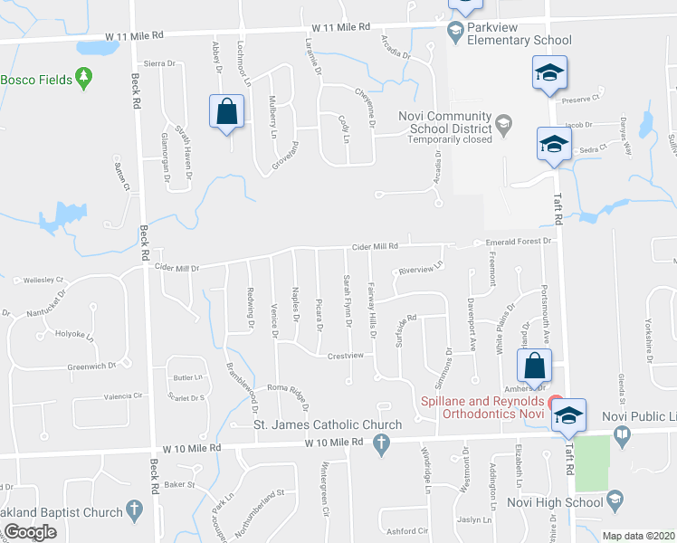 map of restaurants, bars, coffee shops, grocery stores, and more near 24945 Sarah Flynn Drive in Novi