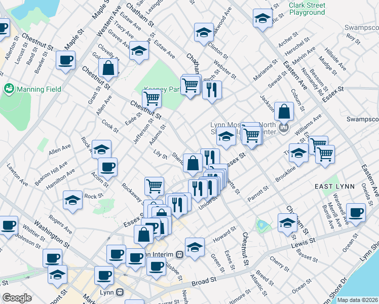 map of restaurants, bars, coffee shops, grocery stores, and more near 22 Ashton Terrace in Lynn
