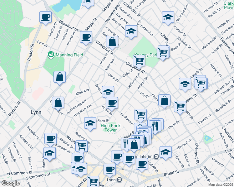 map of restaurants, bars, coffee shops, grocery stores, and more near 106 Jefferson Street in Lynn