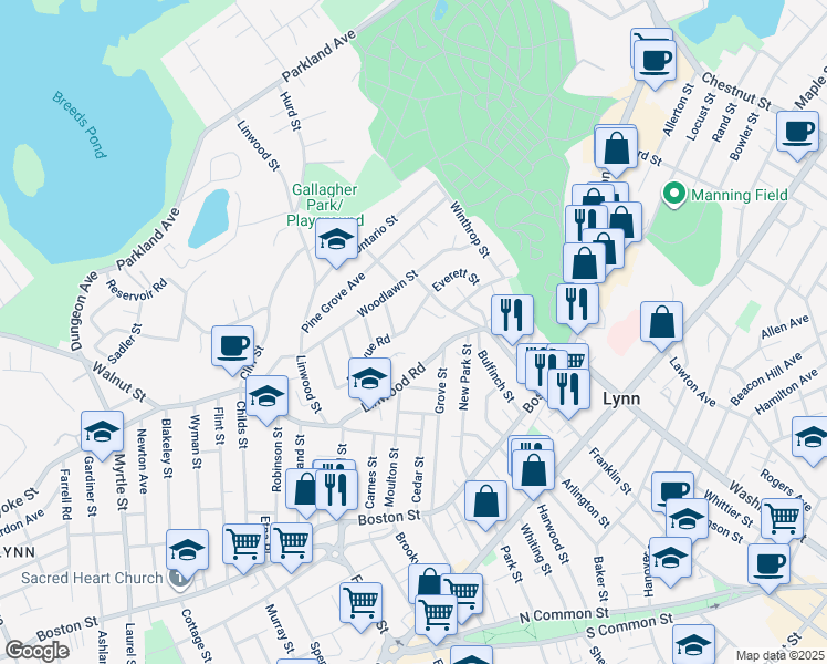map of restaurants, bars, coffee shops, grocery stores, and more near 39 Gayron Way in Lynn
