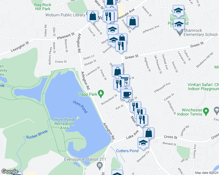 map of restaurants, bars, coffee shops, grocery stores, and more near 4 Pierce Street in Woburn