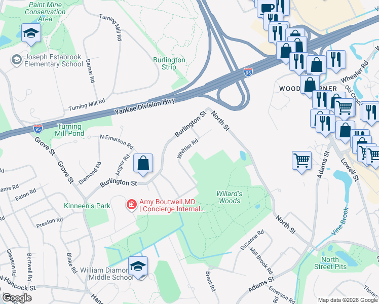 map of restaurants, bars, coffee shops, grocery stores, and more near 10 Whittier Road in Lexington