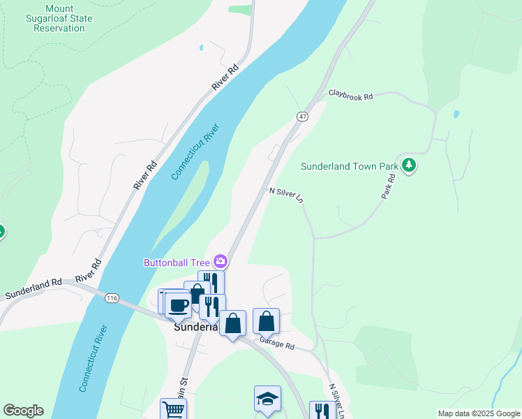 map of restaurants, bars, coffee shops, grocery stores, and more near 172 North Main Street in Sunderland