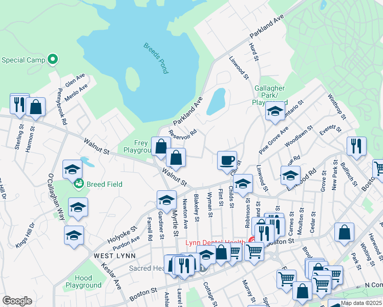 map of restaurants, bars, coffee shops, grocery stores, and more near 72 Perkins Street in Lynn