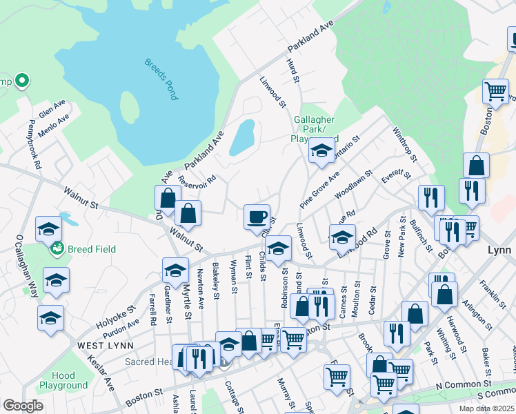 map of restaurants, bars, coffee shops, grocery stores, and more near 18 Greenwood Circle in Lynn