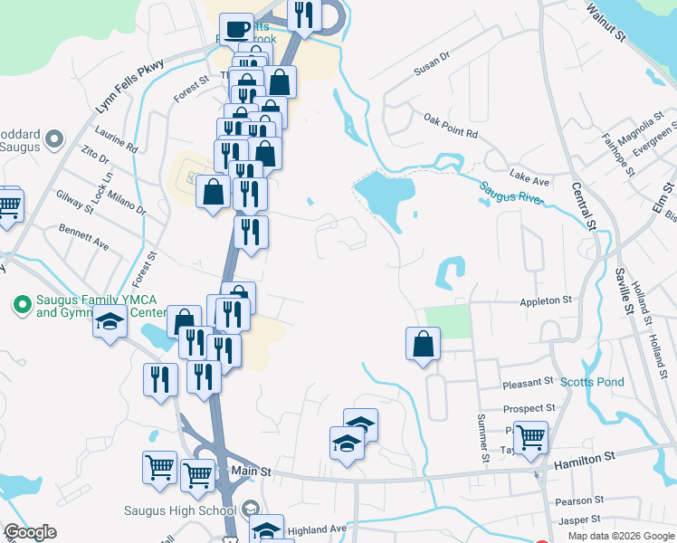 map of restaurants, bars, coffee shops, grocery stores, and more near 20 Cliff Road in Saugus