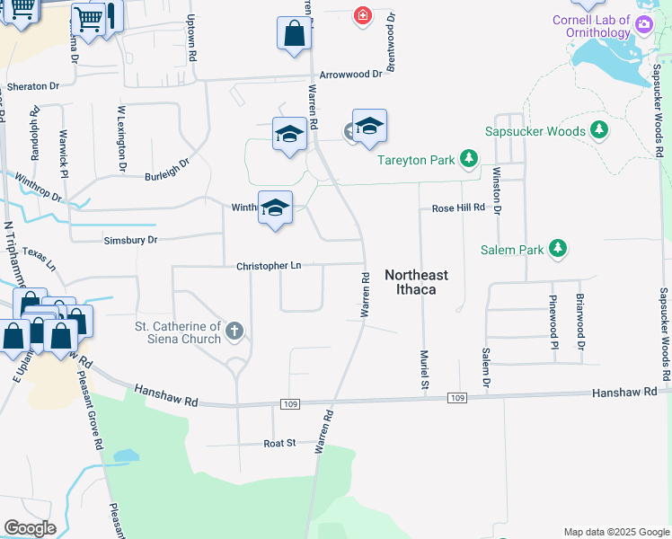 map of restaurants, bars, coffee shops, grocery stores, and more near 101 Christopher Lane in Ithaca