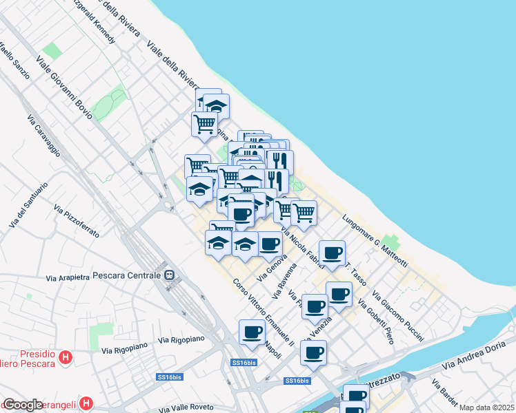 map of restaurants, bars, coffee shops, grocery stores, and more near 217 Via Nicola Fabrizi in Pescara