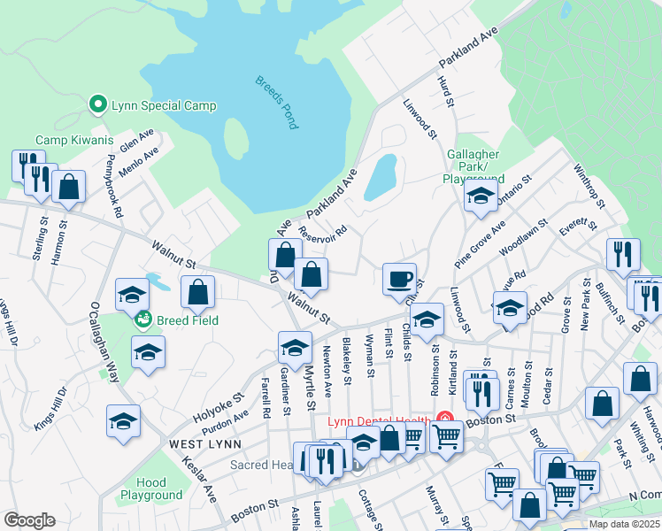 map of restaurants, bars, coffee shops, grocery stores, and more near 57 Sadler Street in Lynn