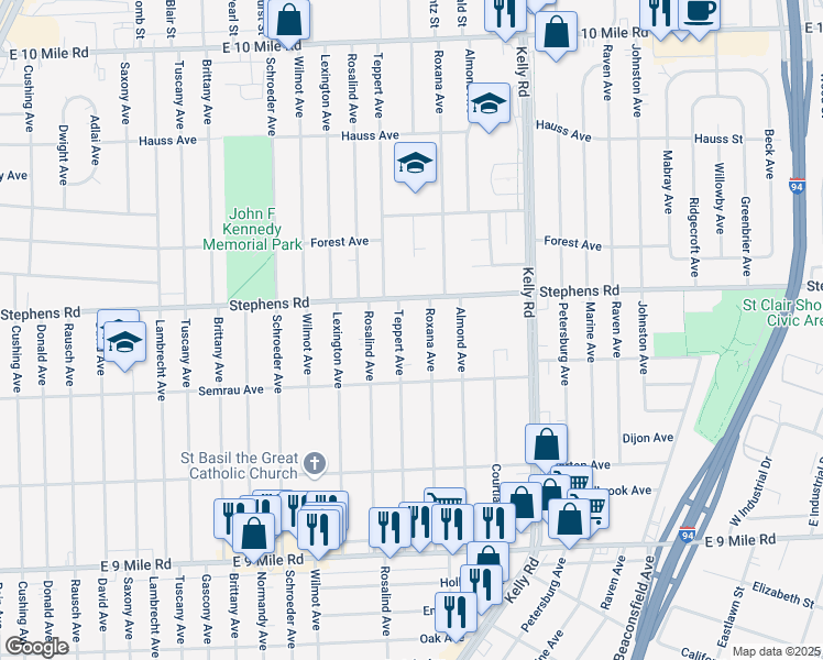 map of restaurants, bars, coffee shops, grocery stores, and more near 18332 Stephens in Eastpointe
