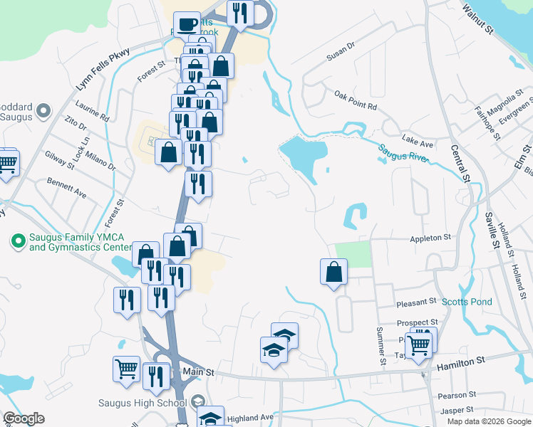 map of restaurants, bars, coffee shops, grocery stores, and more near 20 Cliff Road in Saugus